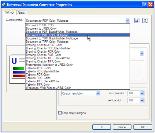 Select the Document to PDF, Color, Multipage profile in the Universal Document Converter Properties window and press OK.