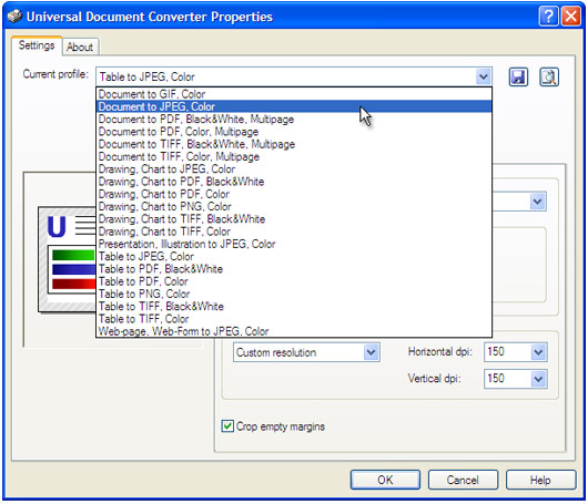 Select the Document to JPEG, Color profile in the Universal Document Converter Properties window.