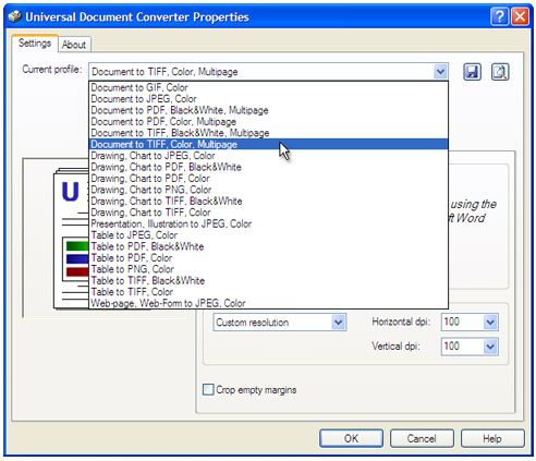 Select the Document to TIFF, Color, Multipage profile in the Printing Preferences window and press OK.