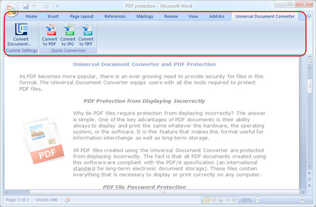 Universal Document Converter toolbar in Microsoft Word 2007